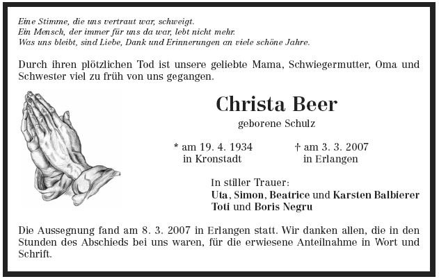 Schulz Christa 1934-2007 Todesanzeige